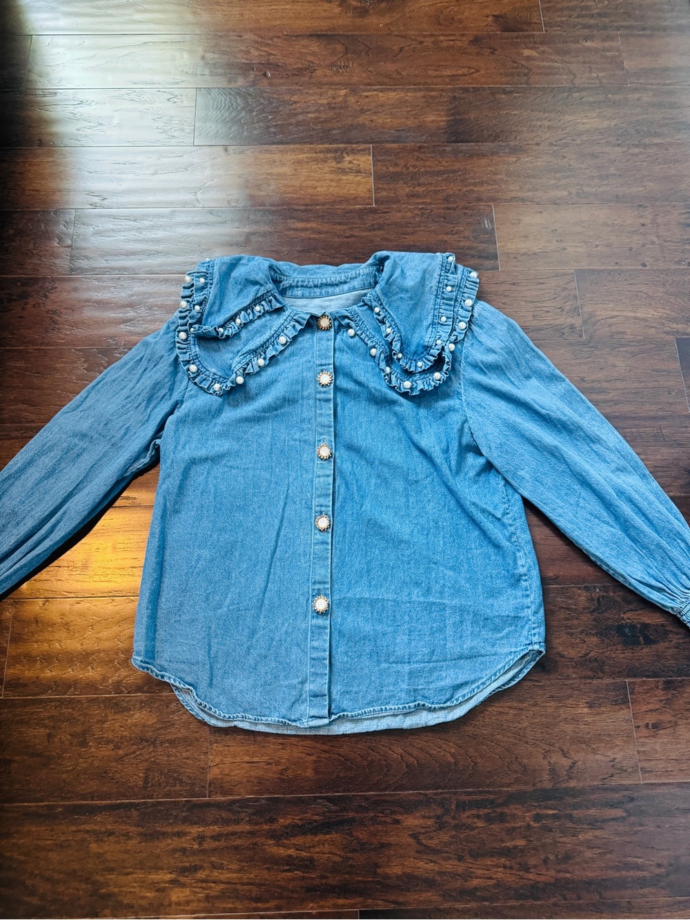 Ruffled Collar Denim Button-Down Shirt - Blue